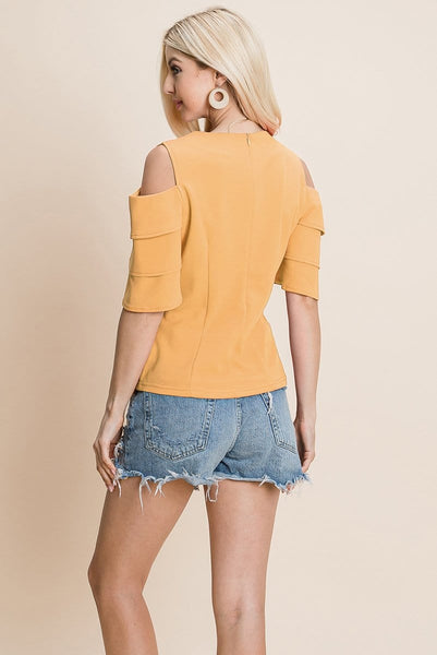 Multi Layered Flutter Short Sleeve Cold Shoulder Tops T Shirt Blouse