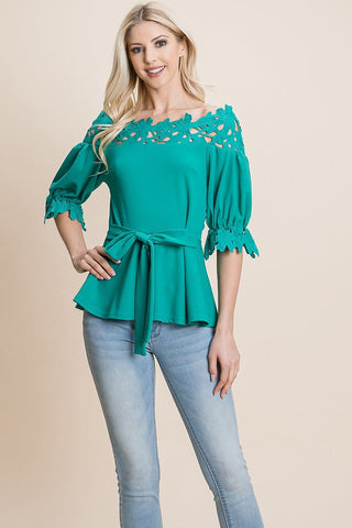 Lace Crochet Self Belted Off The Shoulder Tops with Back Zipper