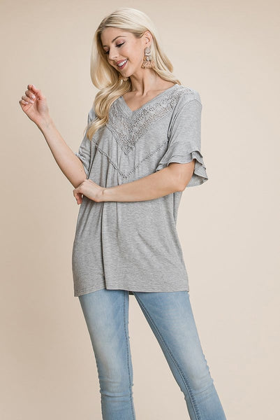 V Neck Lace trim Front Ruffle Sleeve Shirt tops