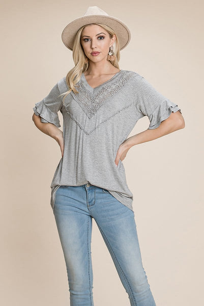 V Neck Lace trim Front Ruffle Sleeve Shirt tops