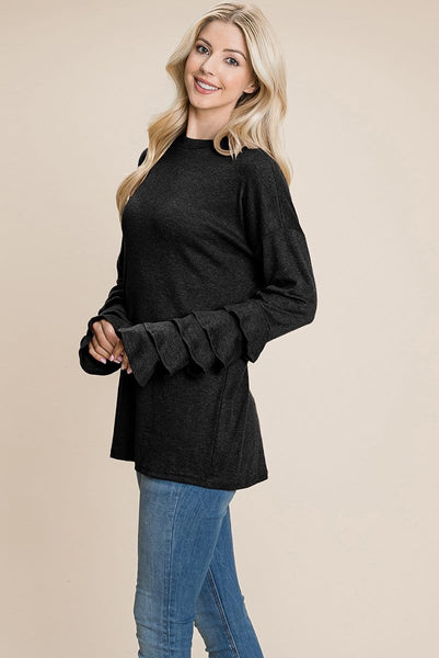 Long Sleeve Ruffle Layered Shirred Sweaters Shirts