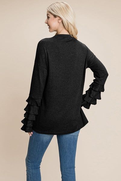 Long Sleeve Ruffle Layered Shirred Sweaters Shirts