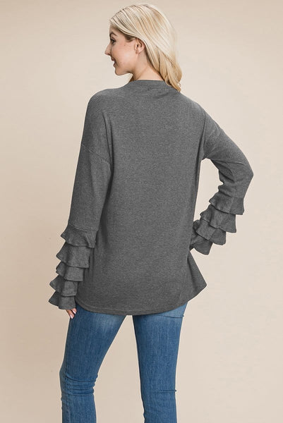 Long Sleeve Ruffle Layered Shirred Sweaters Shirts