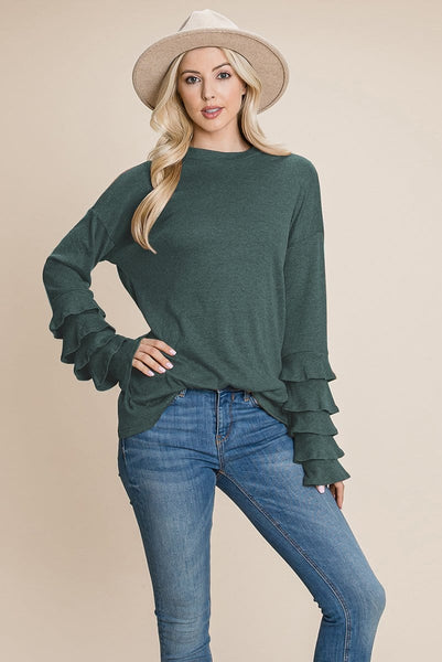 Long Sleeve Ruffle Layered Shirred Sweaters Shirts