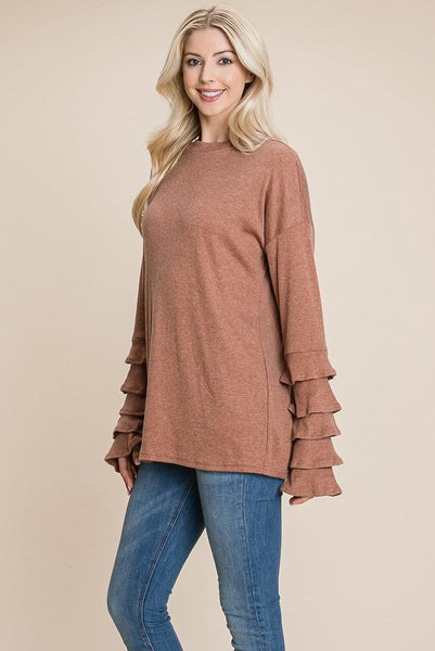 Long Sleeve Ruffle Layered Shirred Sweaters Shirts