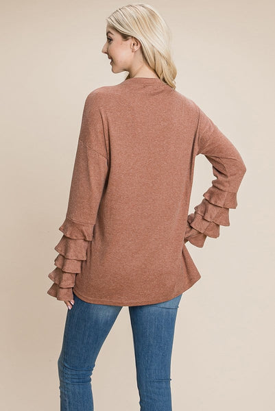 Long Sleeve Ruffle Layered Shirred Sweaters Shirts