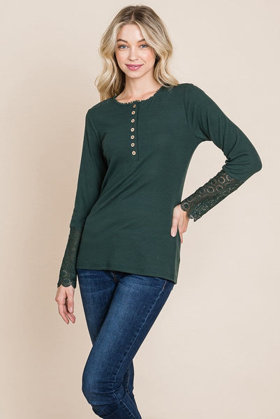 Scalloped Neck Button Placket Lace Sleeve top