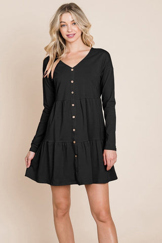 Button Front Long Sleeve Pleated Swing Dresses