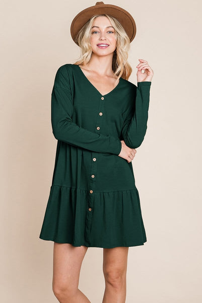 Button Front Long Sleeve Pleated Swing Dresses