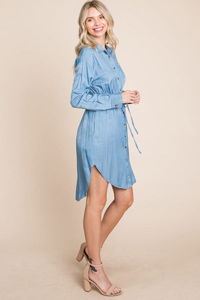 Button Down drawstring Tie waist Chambray Dress