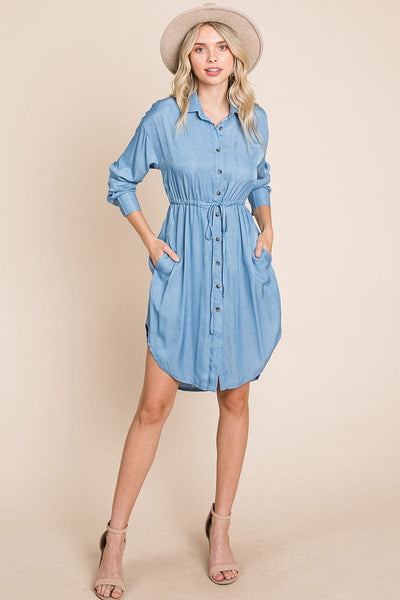 Button Down drawstring Tie waist Chambray Dress