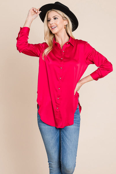 Long Sleeve Satin Button Down Silk Blouse Shirts