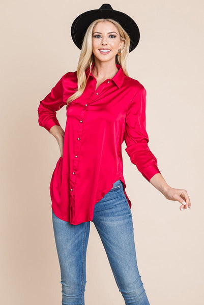 Long Sleeve Satin Button Down Silk Blouse Shirts