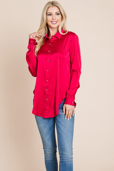 Long Sleeve Satin Button Down Silk Blouse Shirts