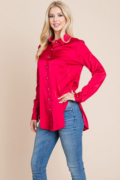 Long Sleeve Satin Button Down Silk Blouse Shirts