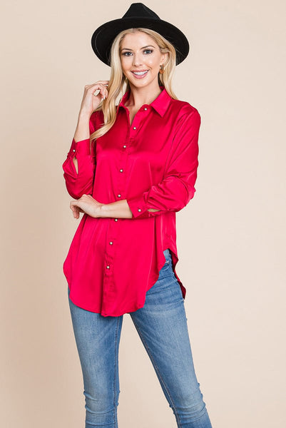 Long Sleeve Satin Button Down Silk Blouse Shirts