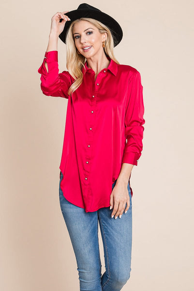 Long Sleeve Satin Button Down Silk Blouse Shirts