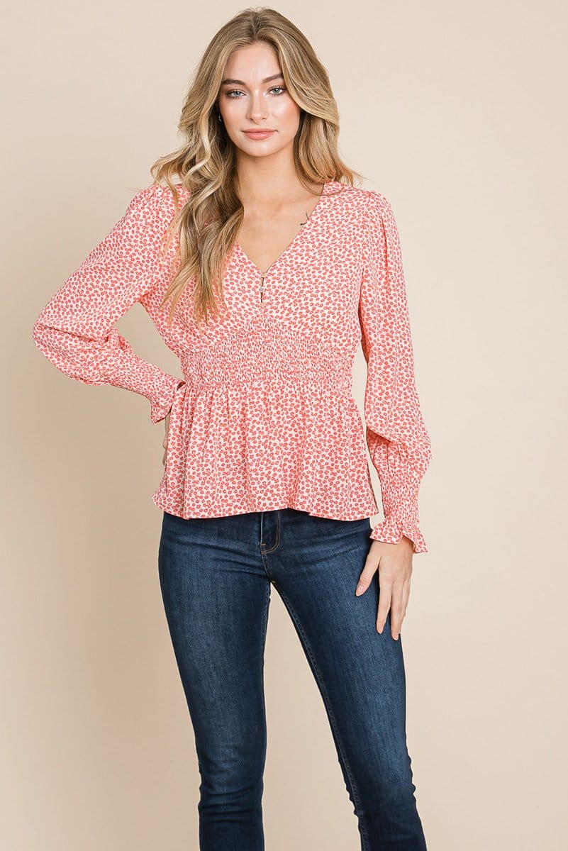 Smocked Waist Ditsy Print Blouse Peplum Tops