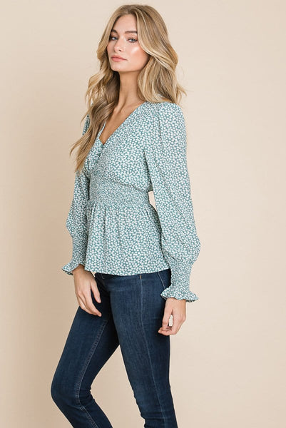 Smocked Waist Ditsy Print Blouse Peplum Tops