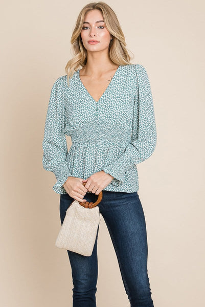 Smocked Waist Ditsy Print Blouse Peplum Tops