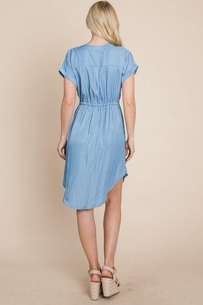 Button Down Chambray Drawstring Waist Shirt Dress