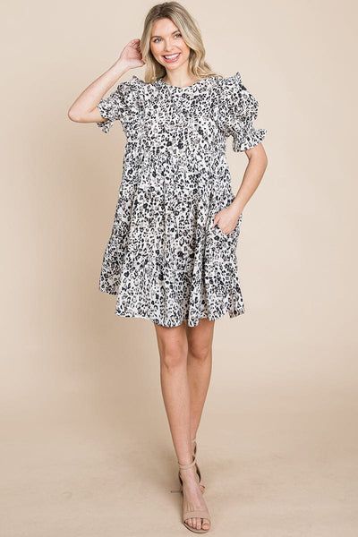 Printed Ruffle Short Sleeve Tiered Swing Dress