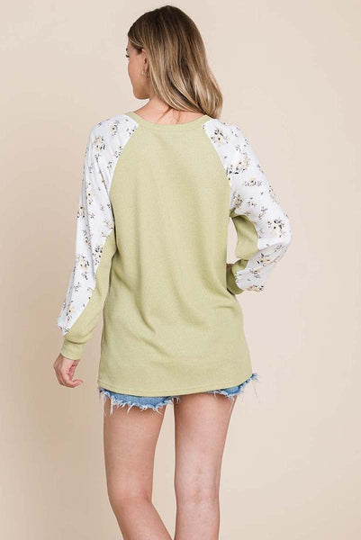 Color Block Raglan Floral Printed Sweater Tops