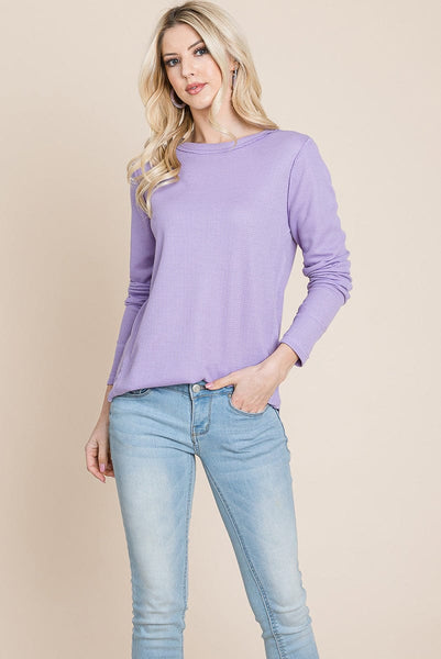 Casual Comfy Knit Waffle Pullover Raw Edge Tops
