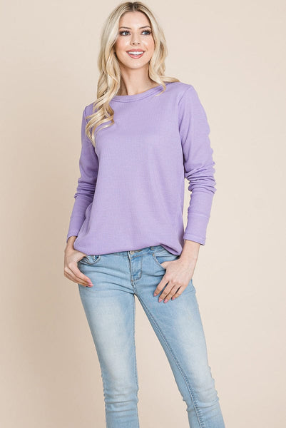 Casual Comfy Knit Waffle Pullover Raw Edge Tops