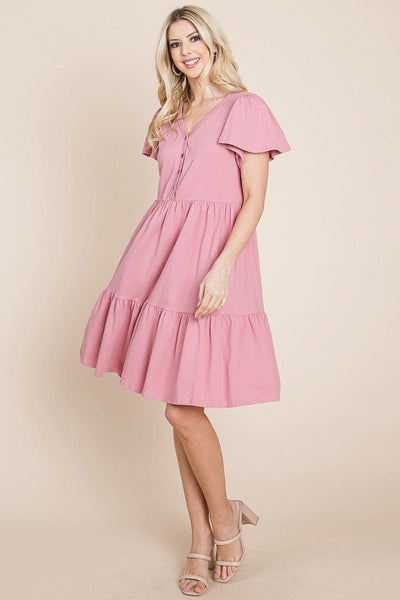 V Neck Cotton Tiered Front Buttons Babydoll dress