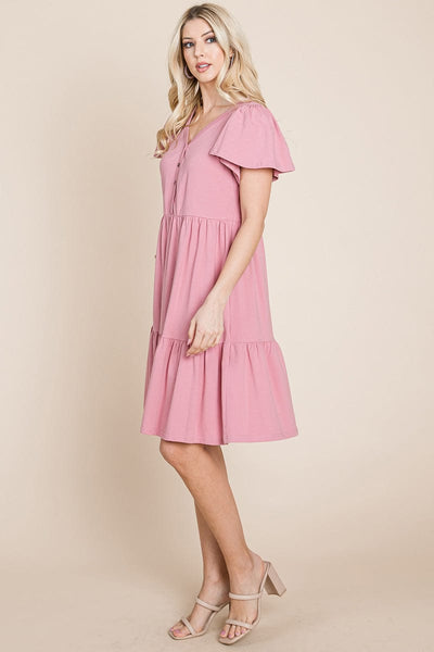 V Neck Cotton Tiered Front Buttons Babydoll dress