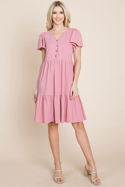 V Neck Cotton Tiered Front Buttons Babydoll dress