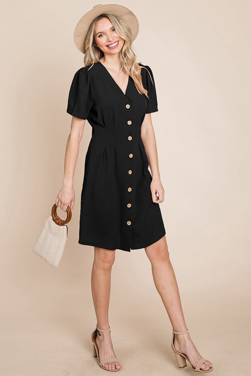 Button Down Solid Pleated Shirt Dress