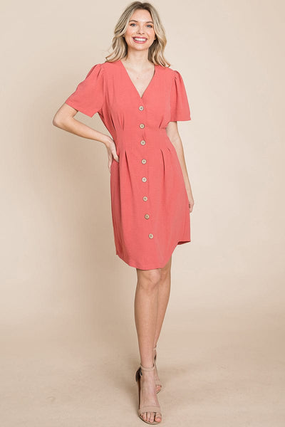 Button Down Solid Pleated Shirt Dress