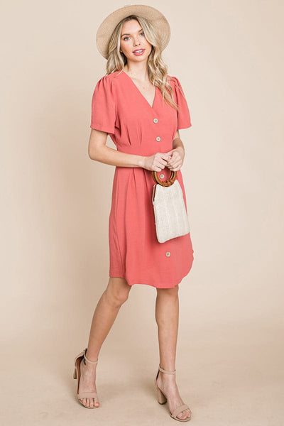 Button Down Solid Pleated Shirt Dress