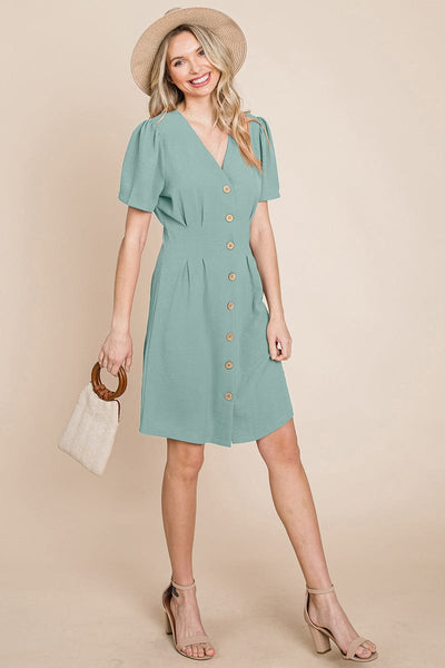 Button Down Solid Pleated Shirt Dress