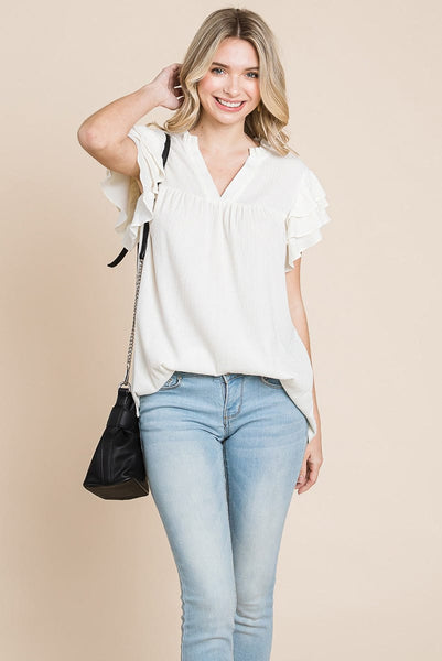 V neck Ruffle Sleeve Textured Shirts Blouses