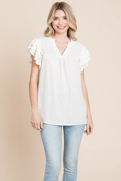 V neck Ruffle Sleeve Textured Shirts Blouses