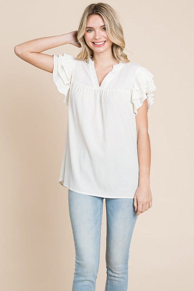 V neck Ruffle Sleeve Textured Shirts Blouses