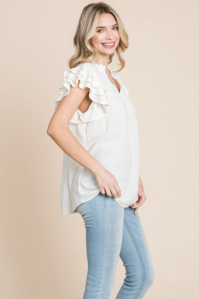 V neck Ruffle Sleeve Textured Shirts Blouses