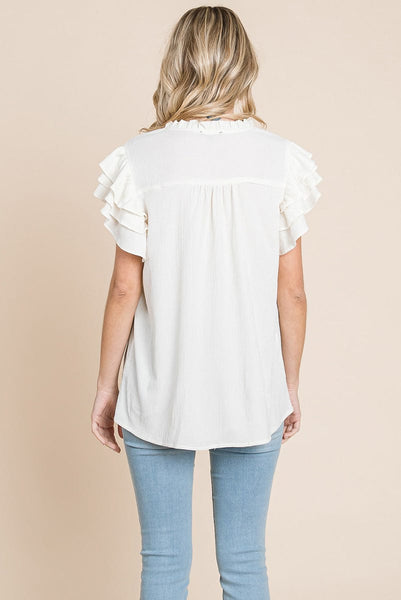 V neck Ruffle Sleeve Textured Shirts Blouses