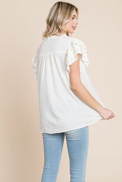 V neck Ruffle Sleeve Textured Shirts Blouses