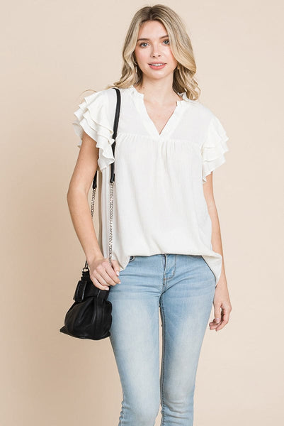 V neck Ruffle Sleeve Textured Shirts Blouses