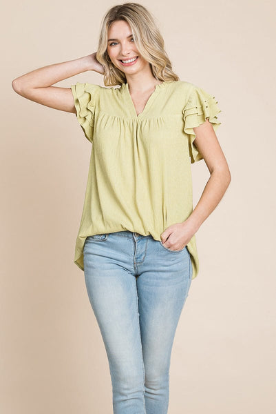 V neck Ruffle Sleeve Textured Shirts Blouses