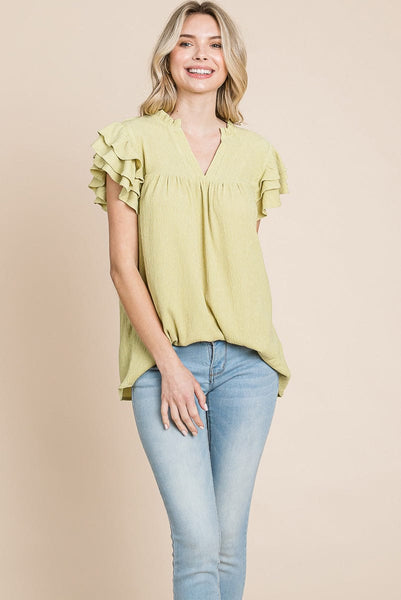 V neck Ruffle Sleeve Textured Shirts Blouses