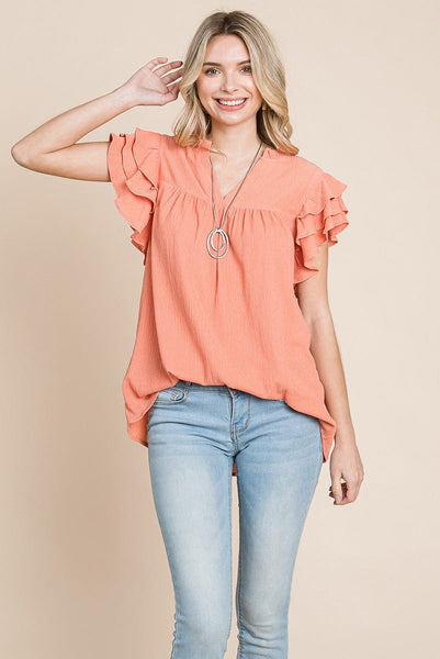 V neck Ruffle Sleeve Textured Shirts Blouses