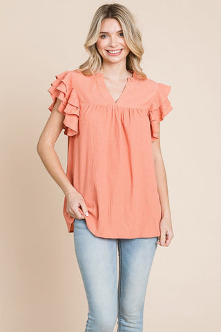 V neck Ruffle Sleeve Textured Shirts Blouses