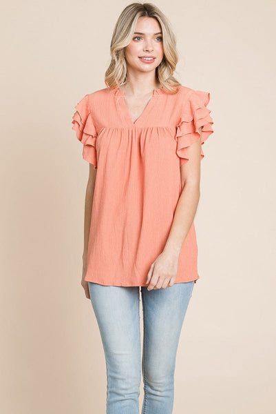 V neck Ruffle Sleeve Textured Shirts Blouses