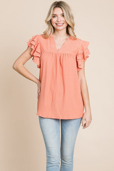 V neck Ruffle Sleeve Textured Shirts Blouses