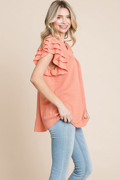 V neck Ruffle Sleeve Textured Shirts Blouses